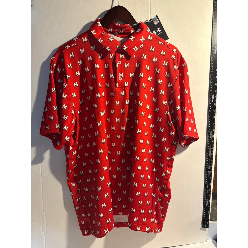 Under Armour‎ Maryland Terrapins Golf Polo Shirt Mens XL Red All Over Print New